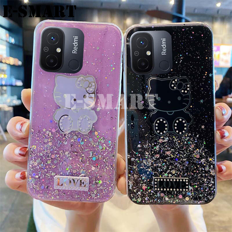 New Case For Xiaomi Redmi 12C Back cover Shiny Ring Cases Glitter Soft Transparent Hello Kitty Casing for Redmi 12C cases Stars Moon Girls. 