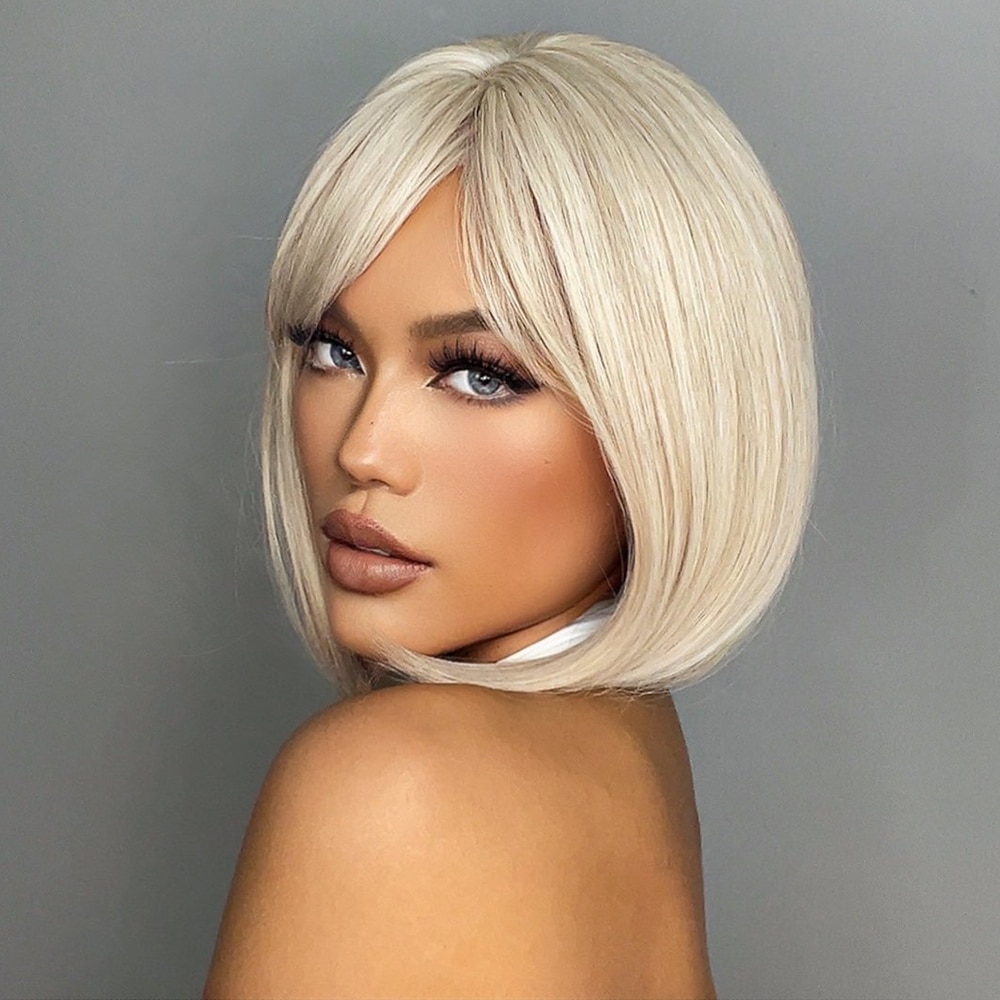 White Blonde Gray Synthetic Wigs with Bangs Short Straight Bob Hair Wig for Women Cosplay Daily Natural Hair Heat Resistant. 
