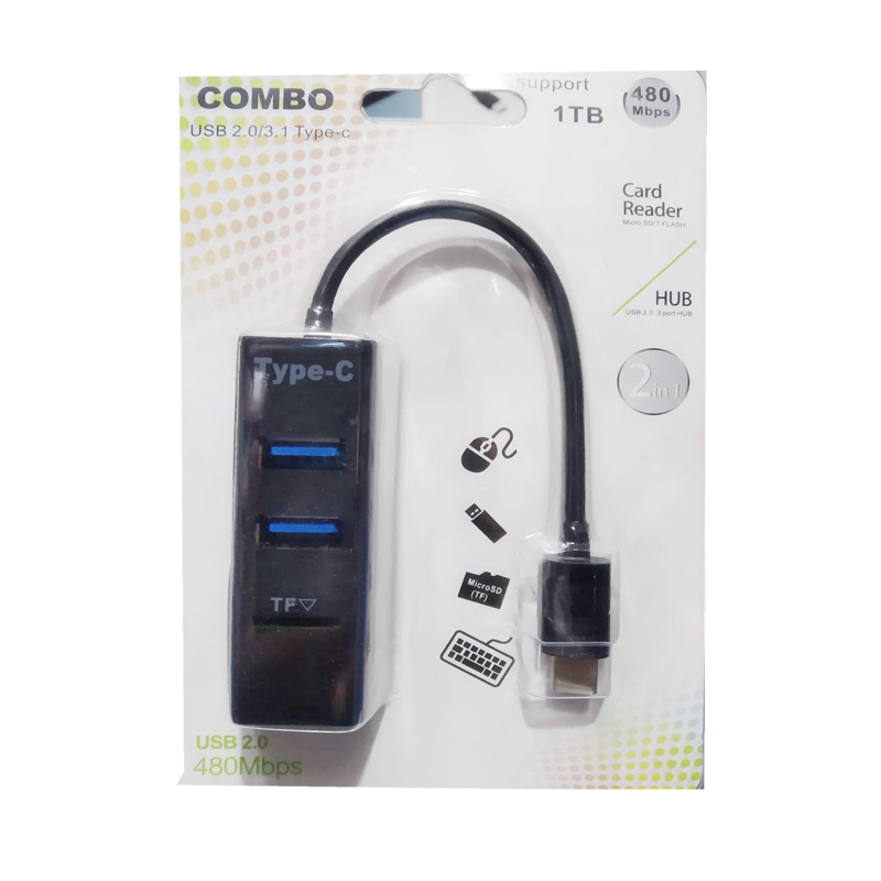 Type-C OTG USB 2.0 Hub 3 port Splitter Combo, SD/TF Card Reader. 