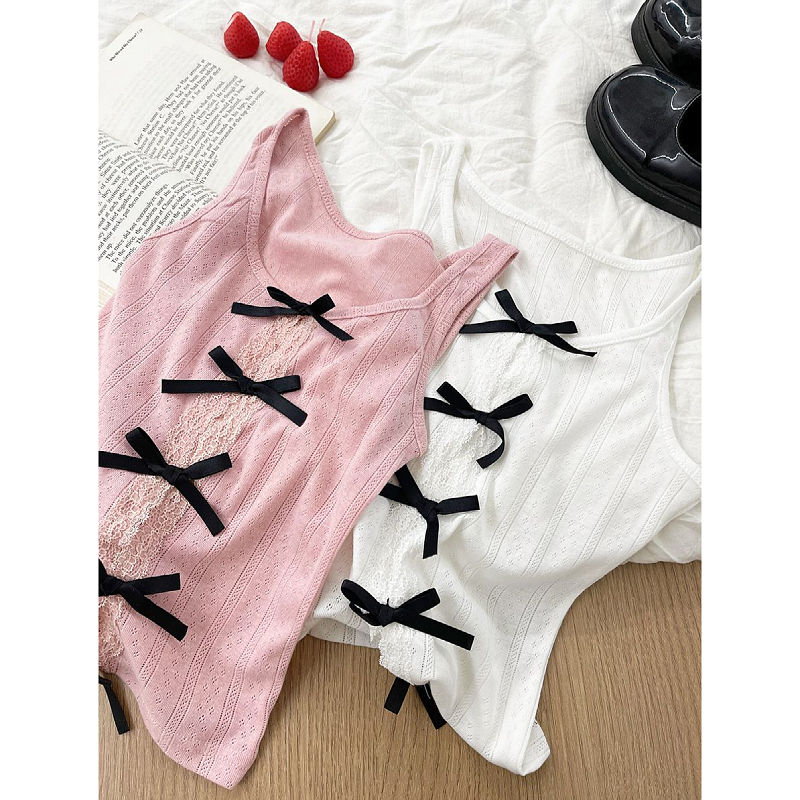 Girlish Style Contrast Color Bow Button Hollow out Stitching Lace Slim Fit Slimming and Short Niche Spaghetti-Strap Camisole Top