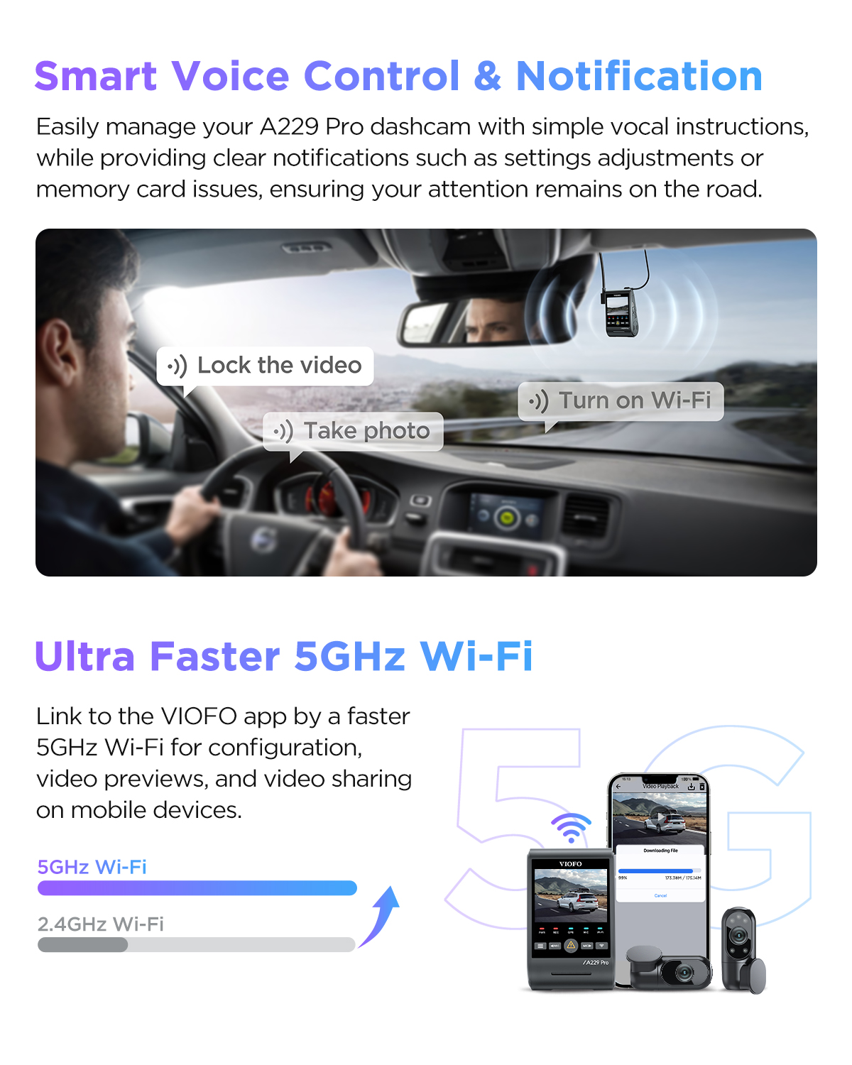 VIOFO A229 PRO Dashcam Front and Rear 4K+2K HDR Dual Dash Cam with Sony STARVIS 2 Sensors Super Night Vision Voice Control. 