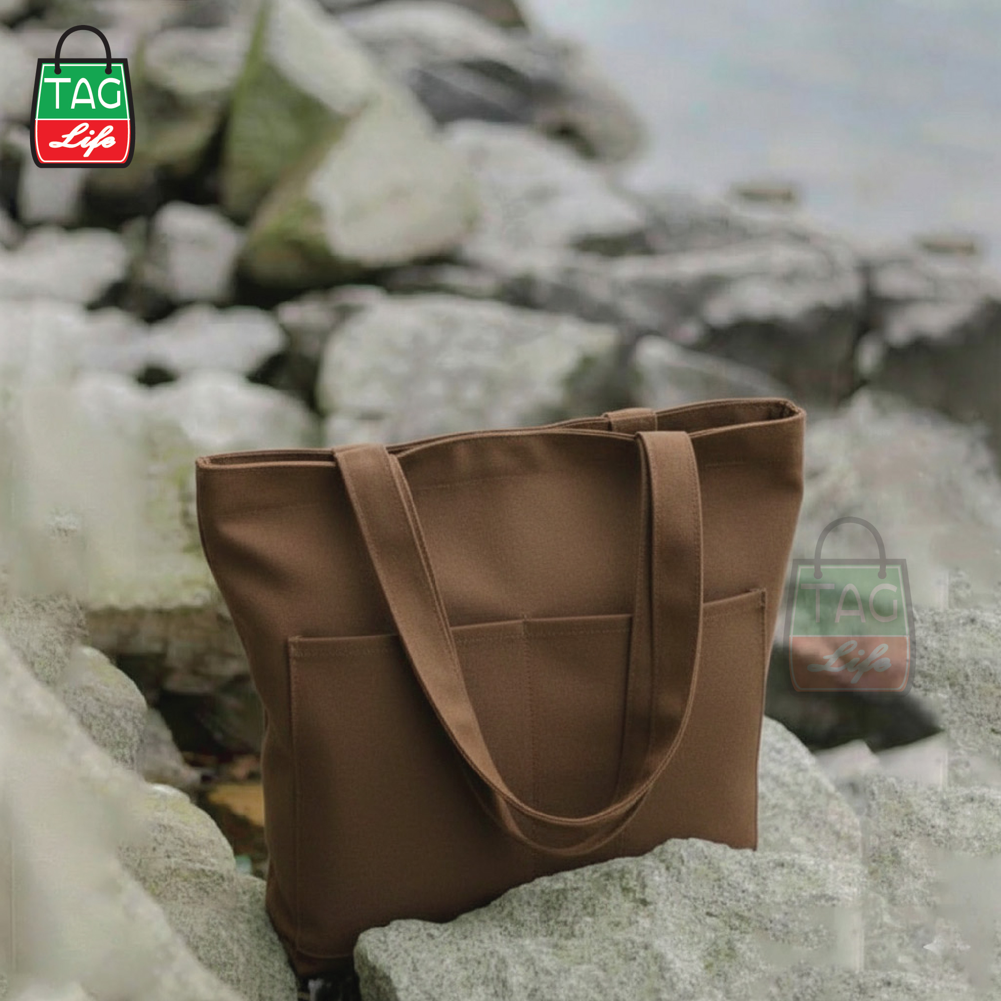 Canvas Tote Bag with Zipper and Outside Big Pockets Dark Brown Color for Trendy fashionable Girls/Stylish Canvas Tote Bag for Women