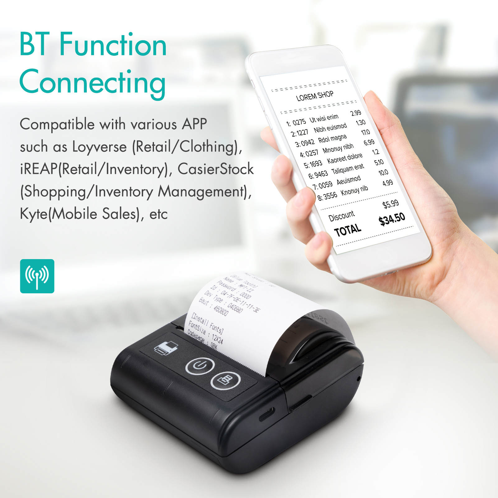 Portable Mini Thermal Receipt Printer USB & BT Connection 2 inches 57mm Wireless Printer High Speed with 1 Roll Paper Inside Compatible with iOS Android Windows for Restaurant Sales Retail Shop. 