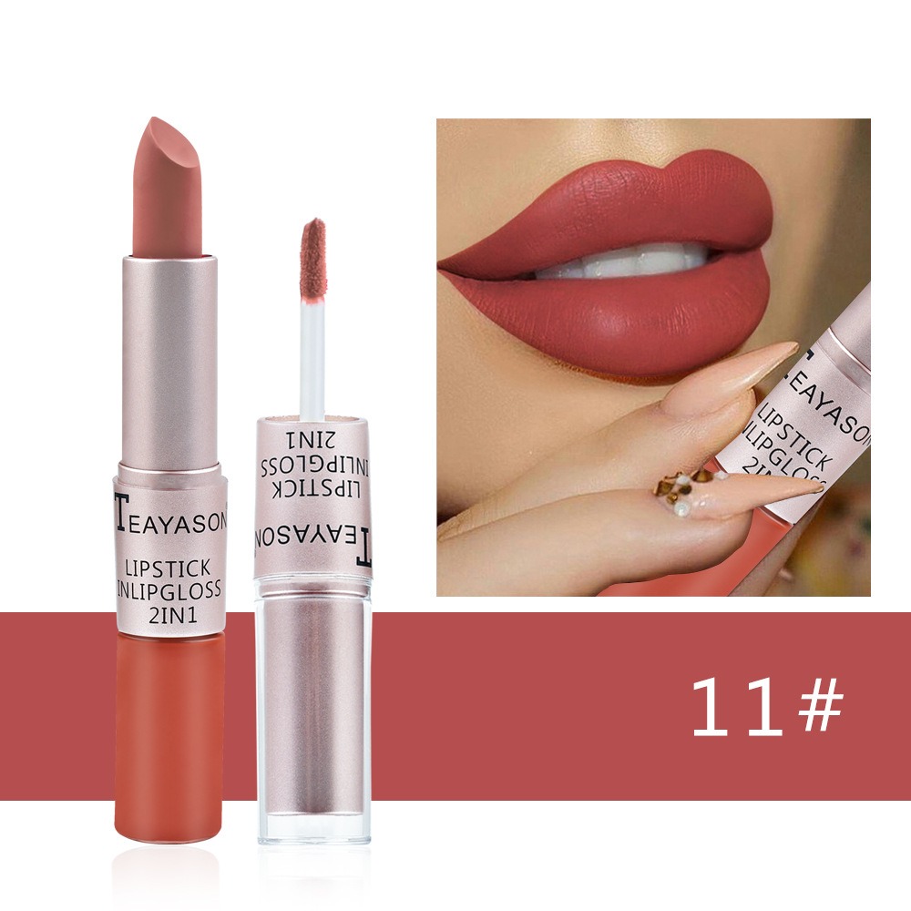 Double head non stick cup matte matte matte lip gloss 2-in-1 matte bean paste non fading cup lipstick for women. 