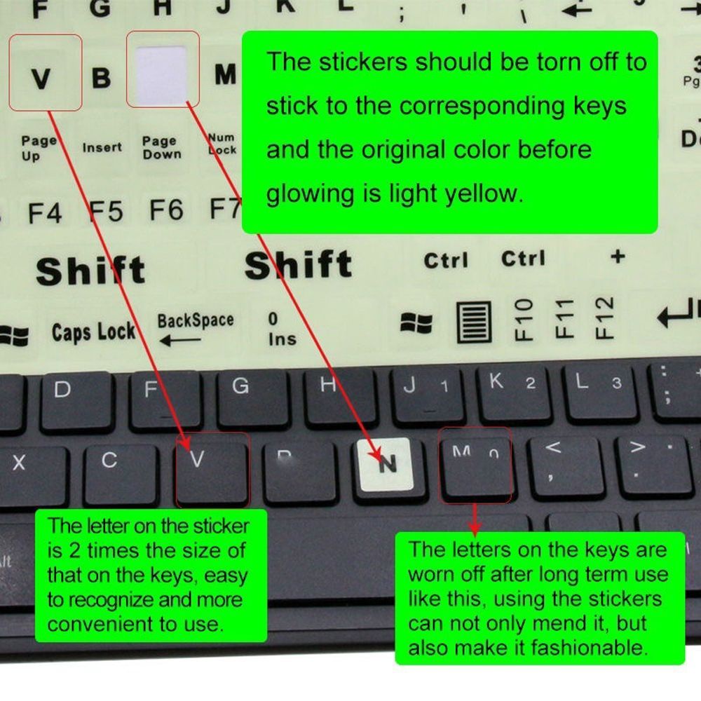 NORMAN1 Backlight Fluorescent Keyboard Cover General Large Letter Sticker Keyboard Sticker English PC Laptop 1PC Luminous Standard Glow In The Dark Full Keyboard. 