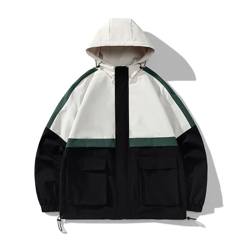 Fashion color-block men's jacket 2023 spring/autumn new trend storm jacket multi-pocket hooded jacket. 