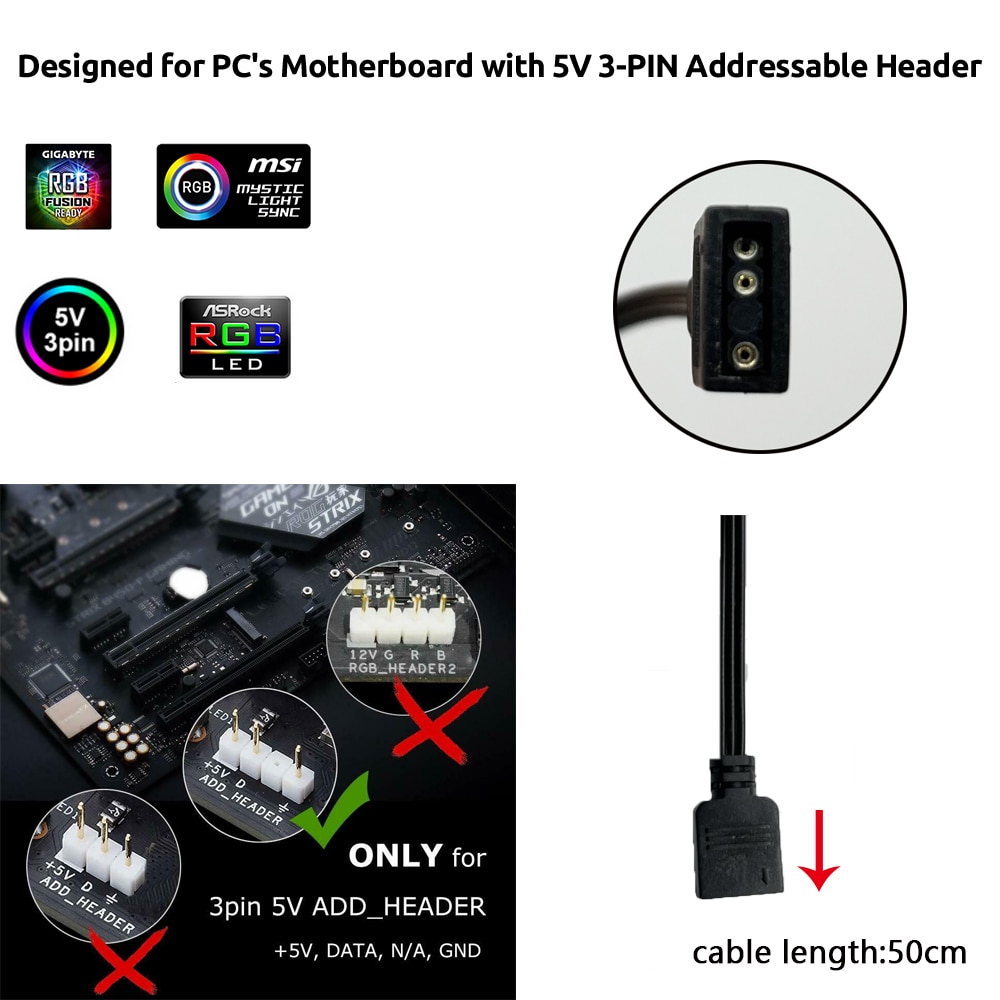 WS2812B RGB LED Strip 5V 3 Pin Addressable LED Headers PC for ASUS AURA SYNC   MSI Mystic Light Sync   GIGABYTE RGB Fusion 2.0. 