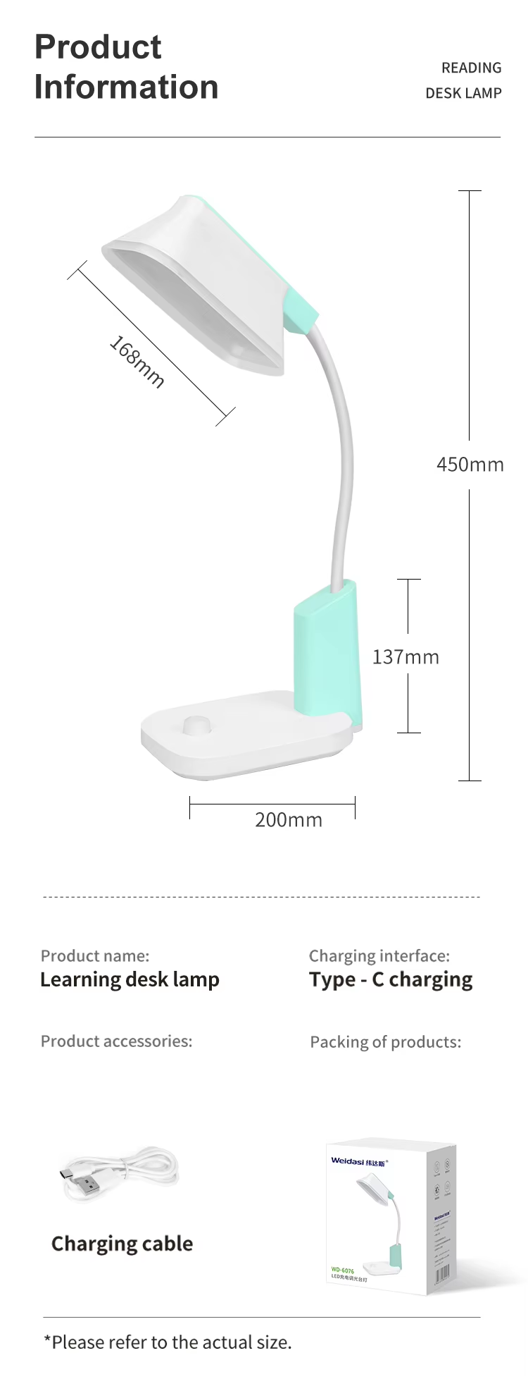 WEIDASI WD-6076GB AC/DC Rechargeable Eye Protection Warm Light Flexible LED Table / Desk Lamp. 
