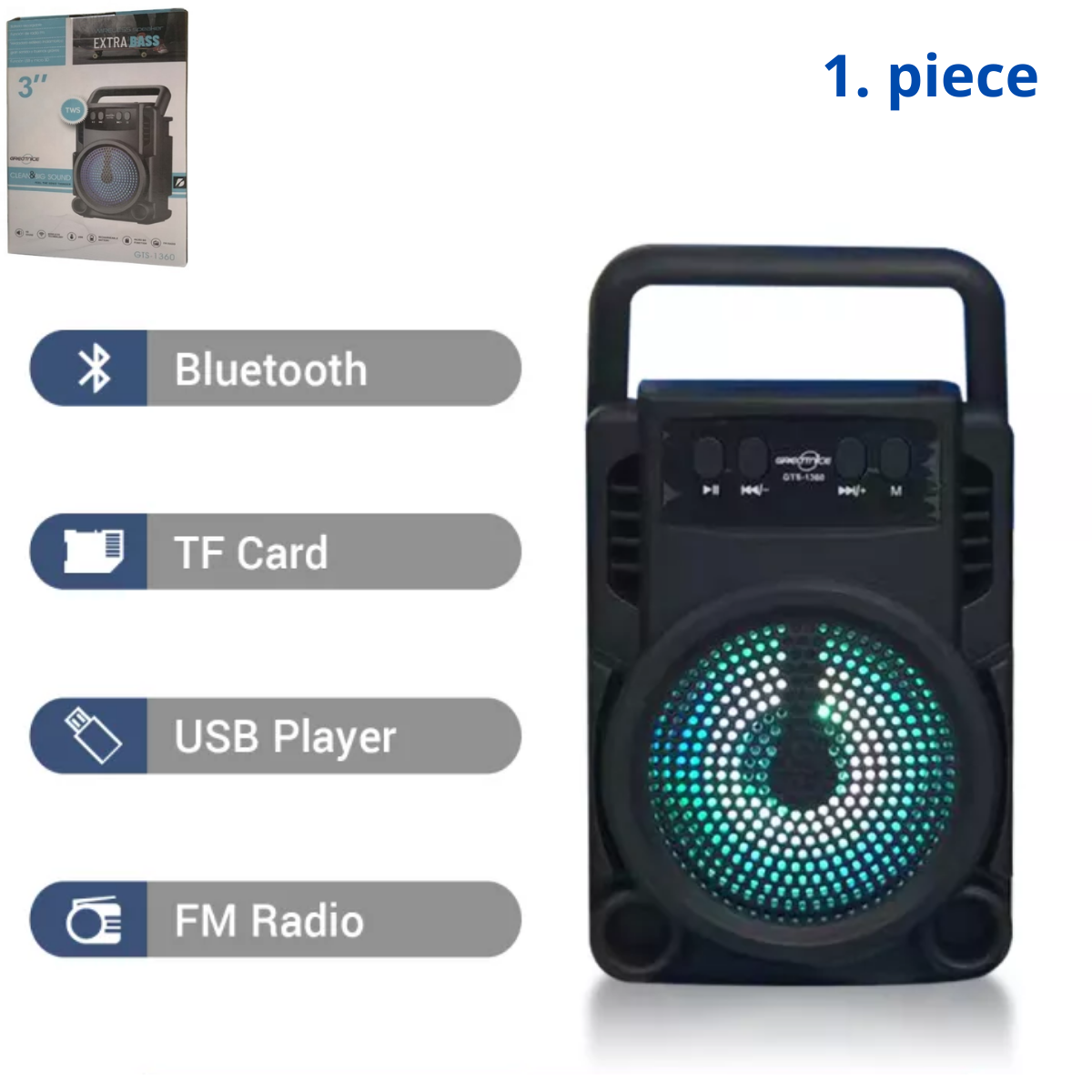 Bluetooth Speaker Gts-1362 Rechargeable Extra Bass Wireless Portable Speaker Mini Style 3 Inch Tws,Fm,Usb Audio Player - Speaker - Portable Table. 
