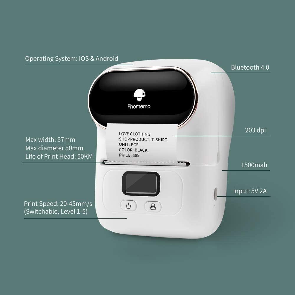Phomemo M110 Label Maker - Portable Blue-tooth Thermal Label Maker Printer for Barcode, Clothing, Jewelry, Retail, Mailing, Compatible with Android & iOS System, Support 20mm-50mm Width Sticker Paper printing. 