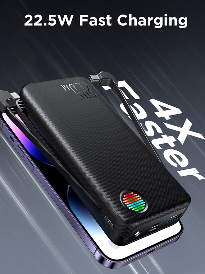 Joyroom JR-L015 22.5W Power Bank with Dual Cables & Troch Light 20000mAh Big Capacity External Charging Battery