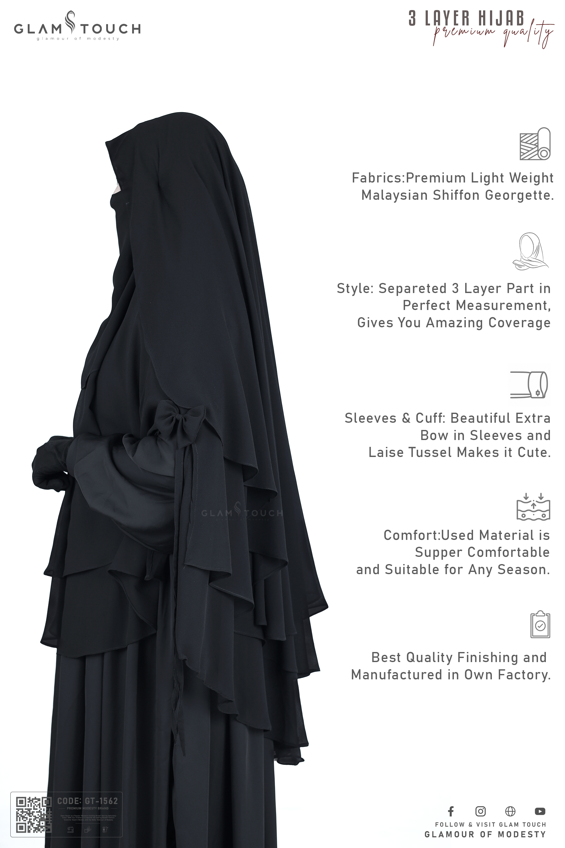 Glam Touch Premium ABRU 3 Layer Hijab Niqab Set. 