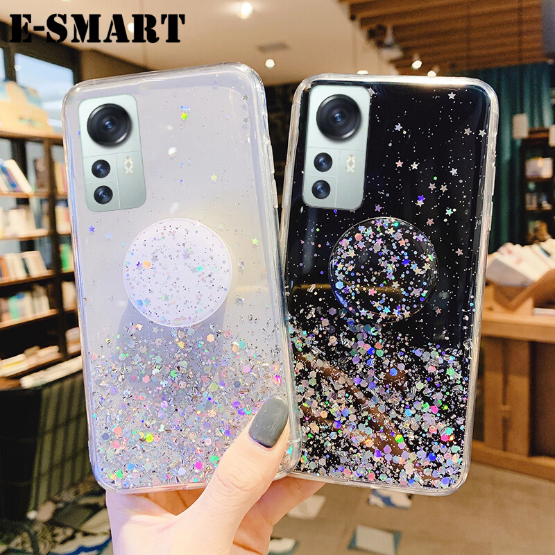 Phone case Xiaomi 12 Pro Back cover Shiny Ring Glitter Soft Transparent Holder Stand Back cover with String Glitter Space Stars Moon Xiaomi12 Pro Case