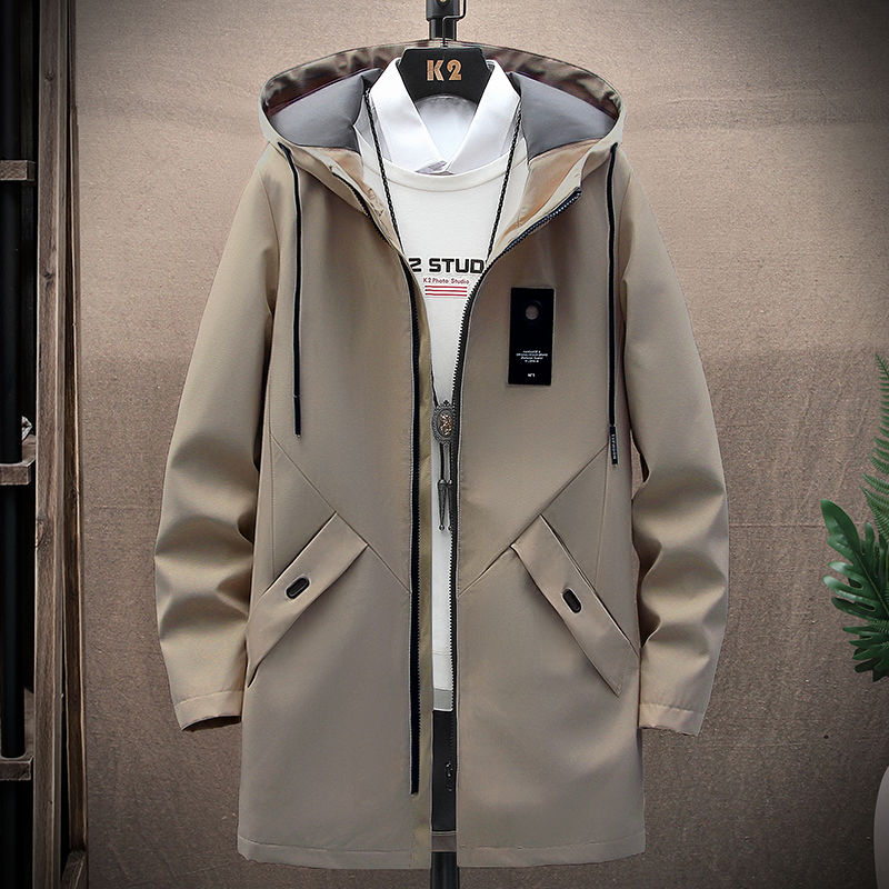 Men's Duster Mid-Length Coat Spring and Autumn Thin Hooded Jacket Trendy All-Match Coat Men's Clothing Handsome Top. 