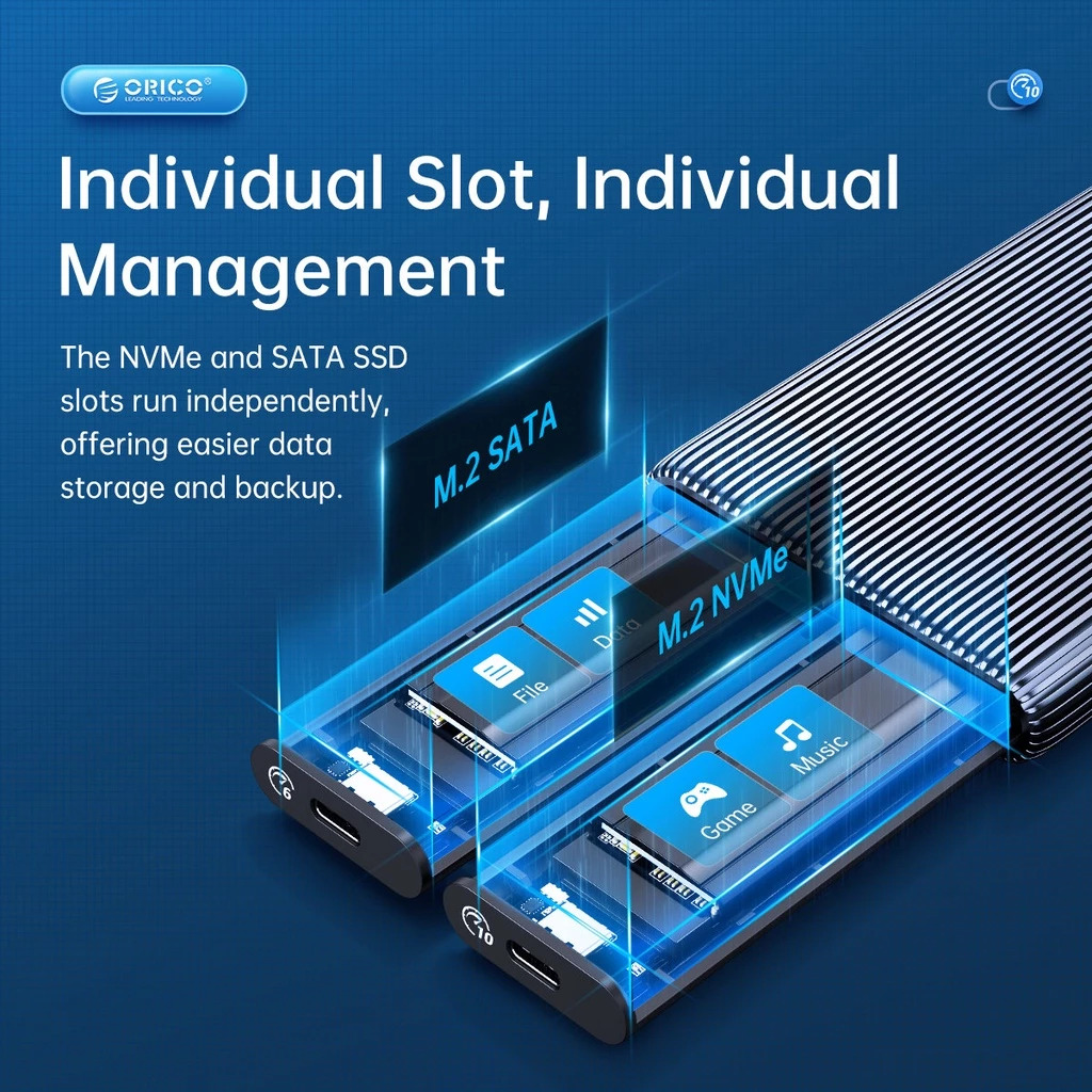 ORICO AM2C3-2SN/AM2C3-2N Dual Bay Aluminum M2 NVMe SSD Enclosure USB3.1 Gen2 10Gbps For M Key M&B Key NVMe PCIe SSD With Built-in Cooling Vest. 