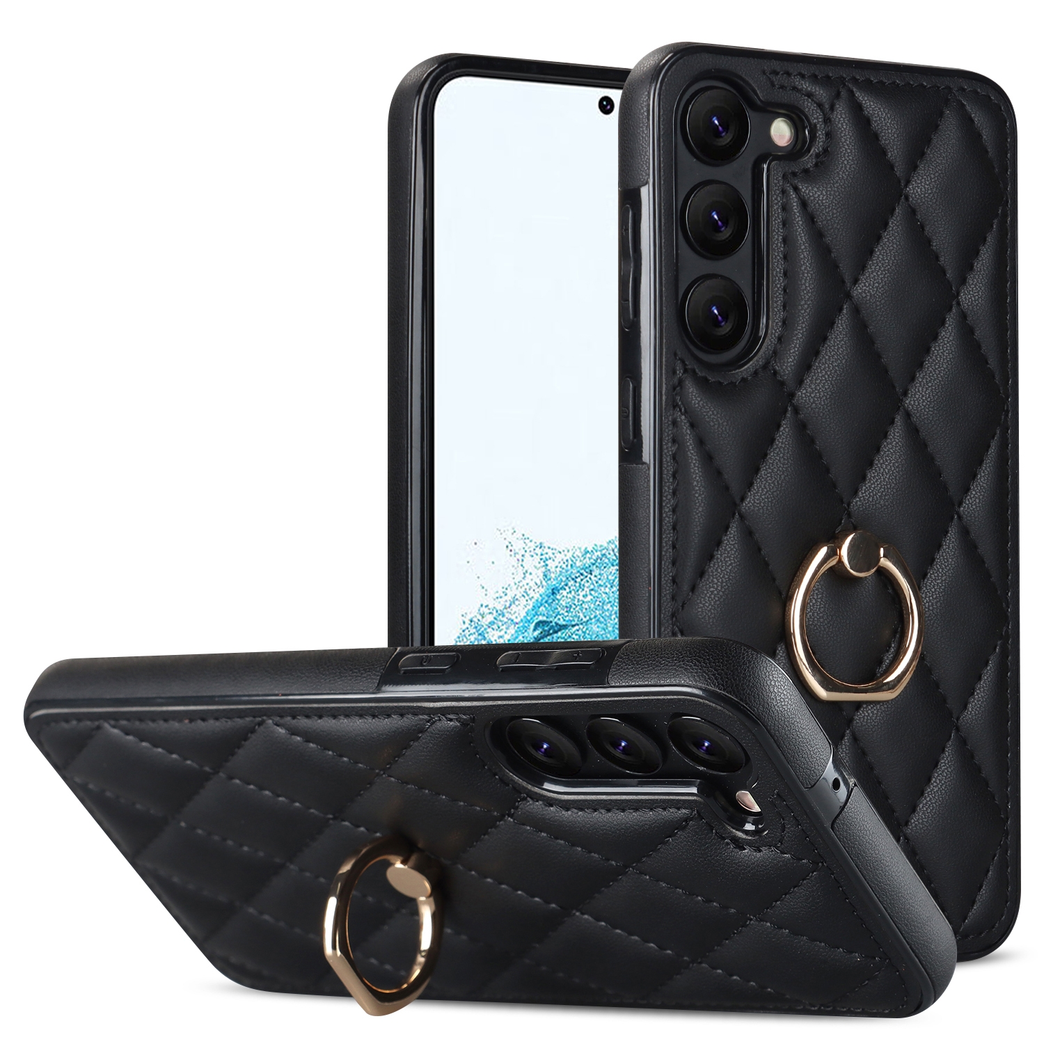 For Samsung Galaxy S23 5G Rhombic PU Leather Phone Case with Ring Holder