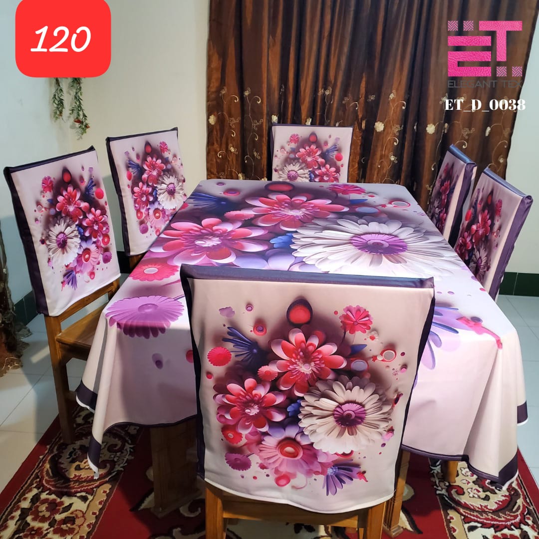 3d প্রিন্ট ডাইনিং টেবিল ক্লথ রানার এবং 06 পিস চেয়ার কভার সম্পূর্ণ সেট বিভিন্ন রঙের. 