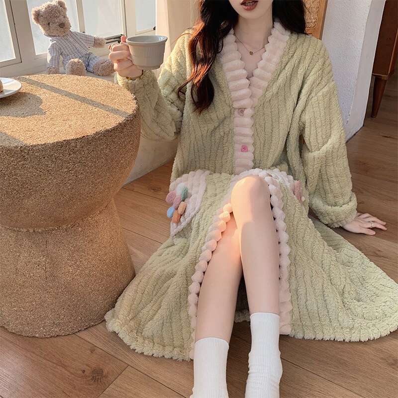 Women Bathrobe Pajamas Fleece Nightwear Winter Women Warm Thick Coral Velvet Home Wear Nightgown Cute Long Sleeve Robe Sleepwear