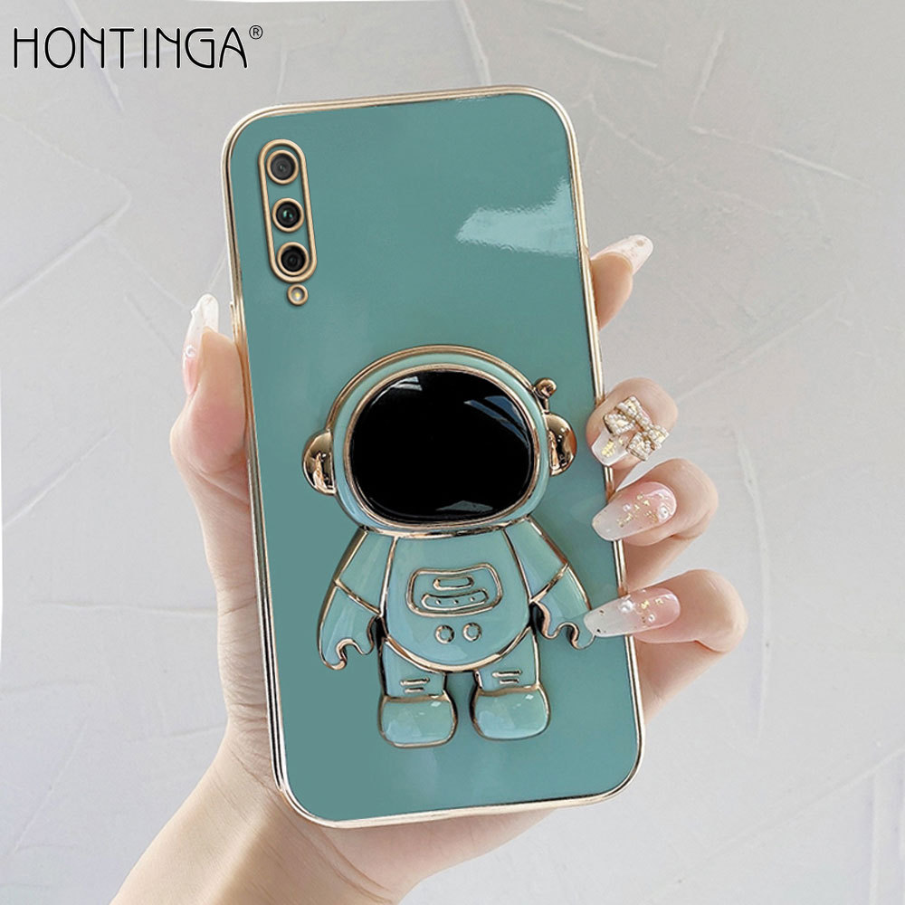 Hontinga for Honor 9X Pro/Huawei Y9s Back Cover With Cartoon Astronaut Folding Bracket Cases Luxury 6D Plating Soft Silicone Phone Cases