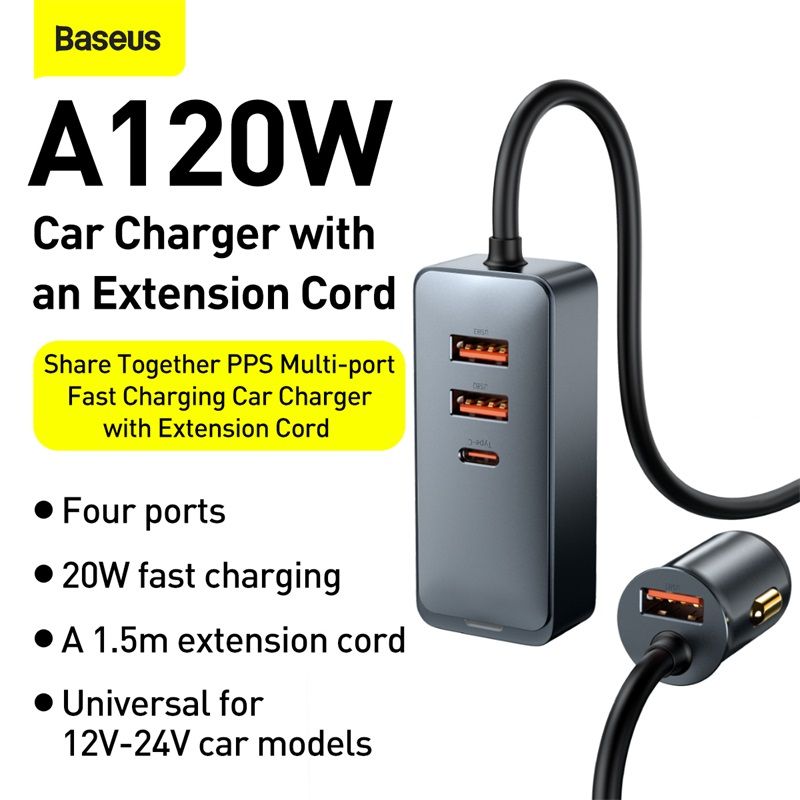Baseus Share Together PPS Multi-port Fast Charging Car Charger With Extension Cord 120W 3U+1C. 