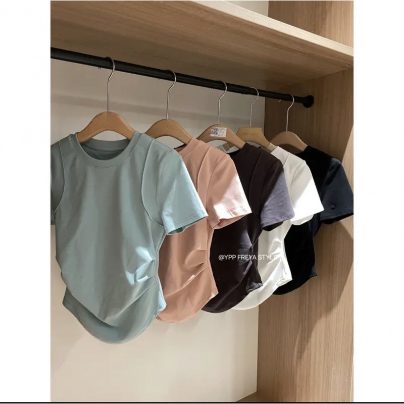 Squeezing Toy Waist-Tight Style Makes Me Look Slimmer / round Neck Shoulder Style Solid Color Versatile Top T T-shirt Outer Wear. 