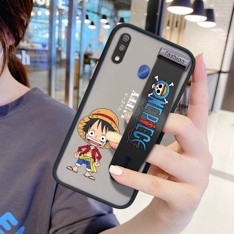 UCUC for Samsung Galaxy M20 Wrist Strap Case Anime One Piece Luffy Wristband Printing Cover Shockproof Frosted Phone Case. 