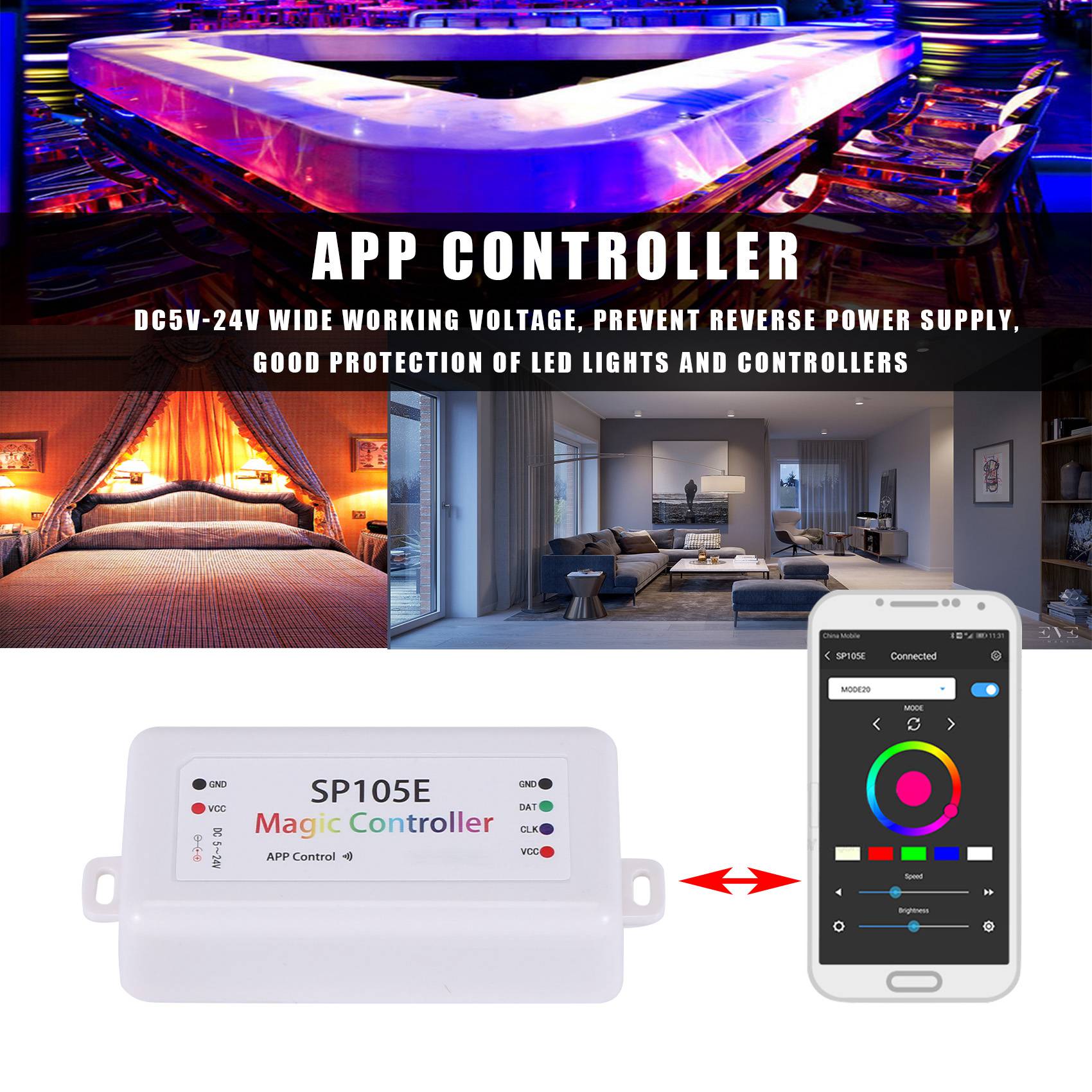 SP105E Wireless Bluetooth Controller APP WS2811 WS2812B WS2801 SK6812 APA102 Individually Addressable Programmable LED Strip Pixel Module Panel Light DC5V-24V for IOS/Android. 