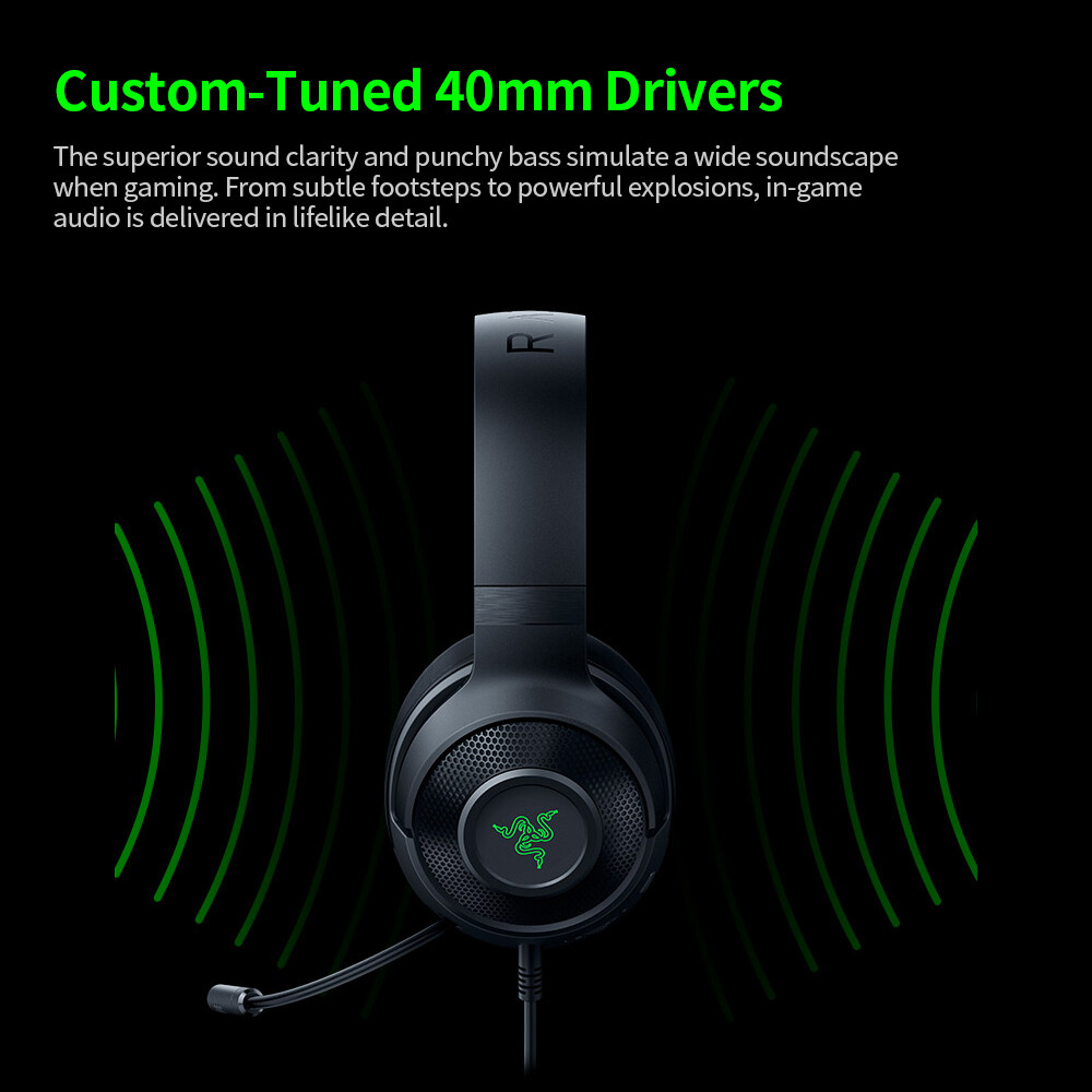 Razer Kraken X-USB Gaming Headset Earphone 7.1 Surround Sound Ultra Light Headphone Bendable Cardioid Microphone Custom-Tuned 40mm Drivers. 
