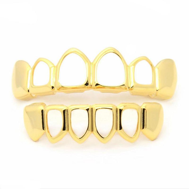 Fit Rock Style Gold Plated Open Face Teeth Grillz Caps Top & Bottom Grill Set. 