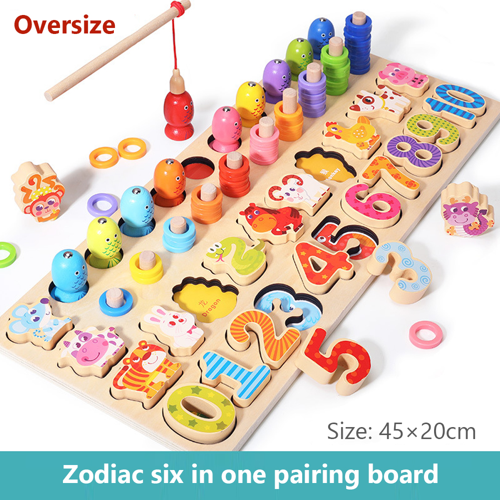 GC 6-in-1 Wooden Alphabet Number Shape Puzzles Toys Toddlers Fishing Toy Rings Counting Sorting Educational Toys