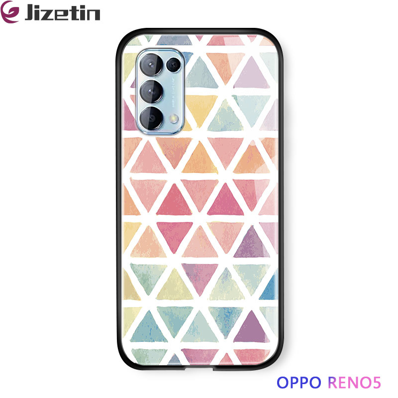 Jizetin for OPPO Reno 5 5G / Reno 5 4G Glass Back Cover Decorative Pattern Glossy Tempered Glass Shockproof Soft Edge Phone Cases
