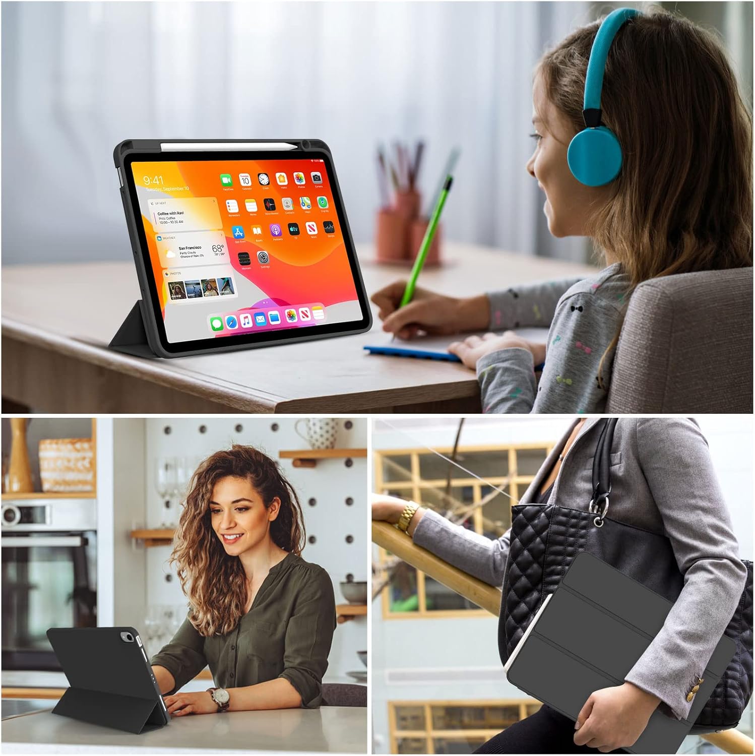 For Apple iPad Air 5 (2022) 10.9 inches (5th generation) Luxury Premium Silk Texture Horizontal Flip Leather Cover with 3-folding Holder Smart Case With pen Holder -(Black-Blue) For :  A2589, A2591 (Global). 