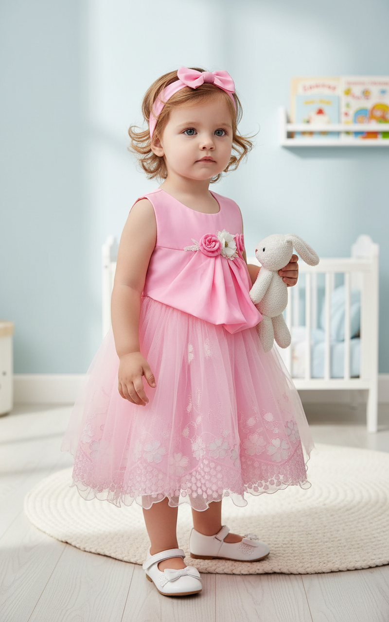 Understated -Light Yellow and Pink Flower Georgette Frock For Baby Girls Indian Luxurious Party Dress 3 to 5 years- Progressively Better