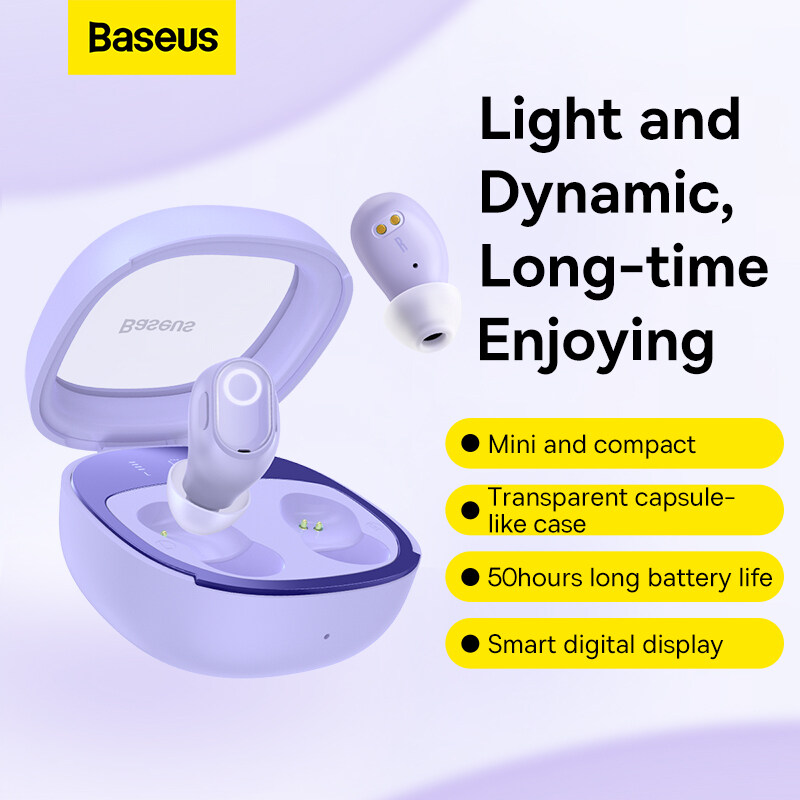 Baseus Bowie WM02+ Wireless Bluetooth Earphone Transparent Case With Smart Display Wireless Earbuds With Mic Touch Control App Support Low-Latency Earphone. 