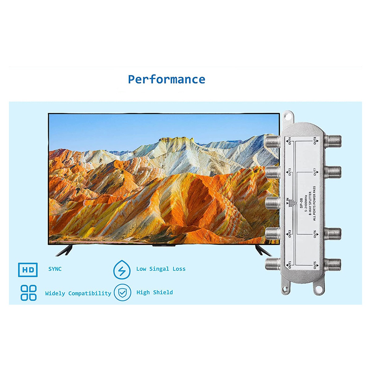 Digital 8 Way Coaxial Cable Splitter 5-2400MHz, RG6 Compatible, Work with Analog/Digital TV Connections and Internet. 