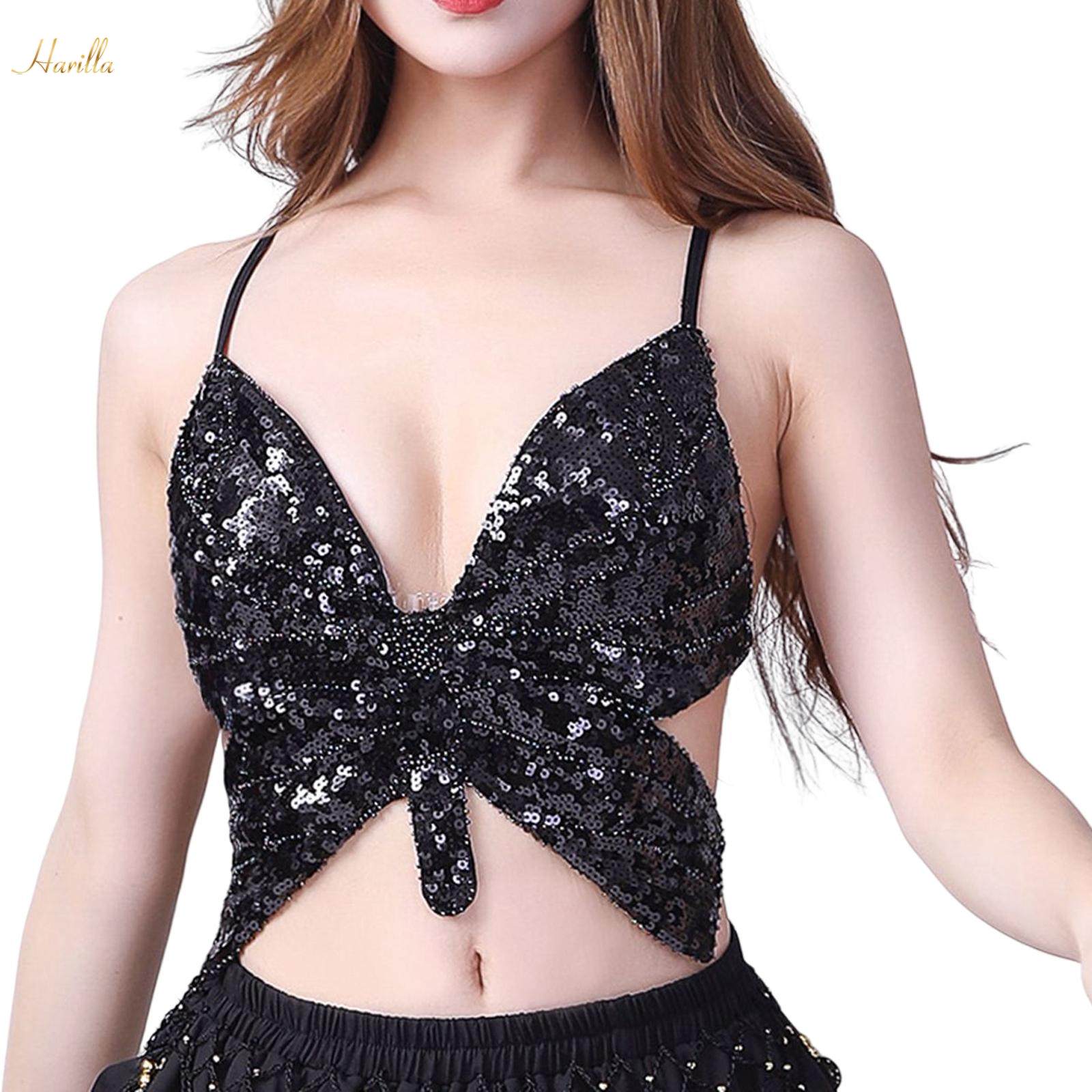 Shiny Sequins Butterfly Crop Costume Glitter Bra Tops for Halloween Black. 