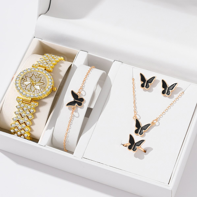 LooKeo mall Gorgeous 5Pcs Set of Women's Quartz Watches with Gold Petal Watch, Butterfly Earrings, Necklace & Bracelet
