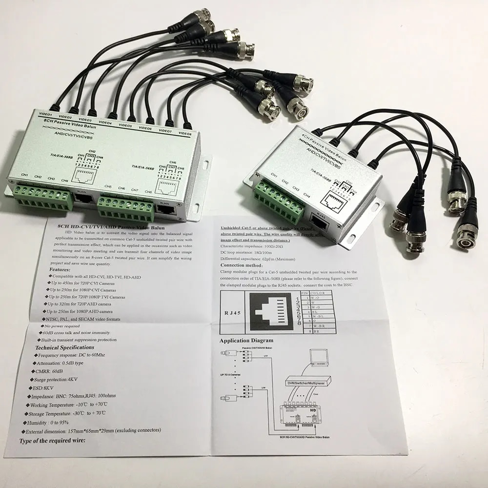 4 or 8 Channel CCTV Passive Video Balun RJ-45 UTP Twisted Pair Cable BNC Output. 