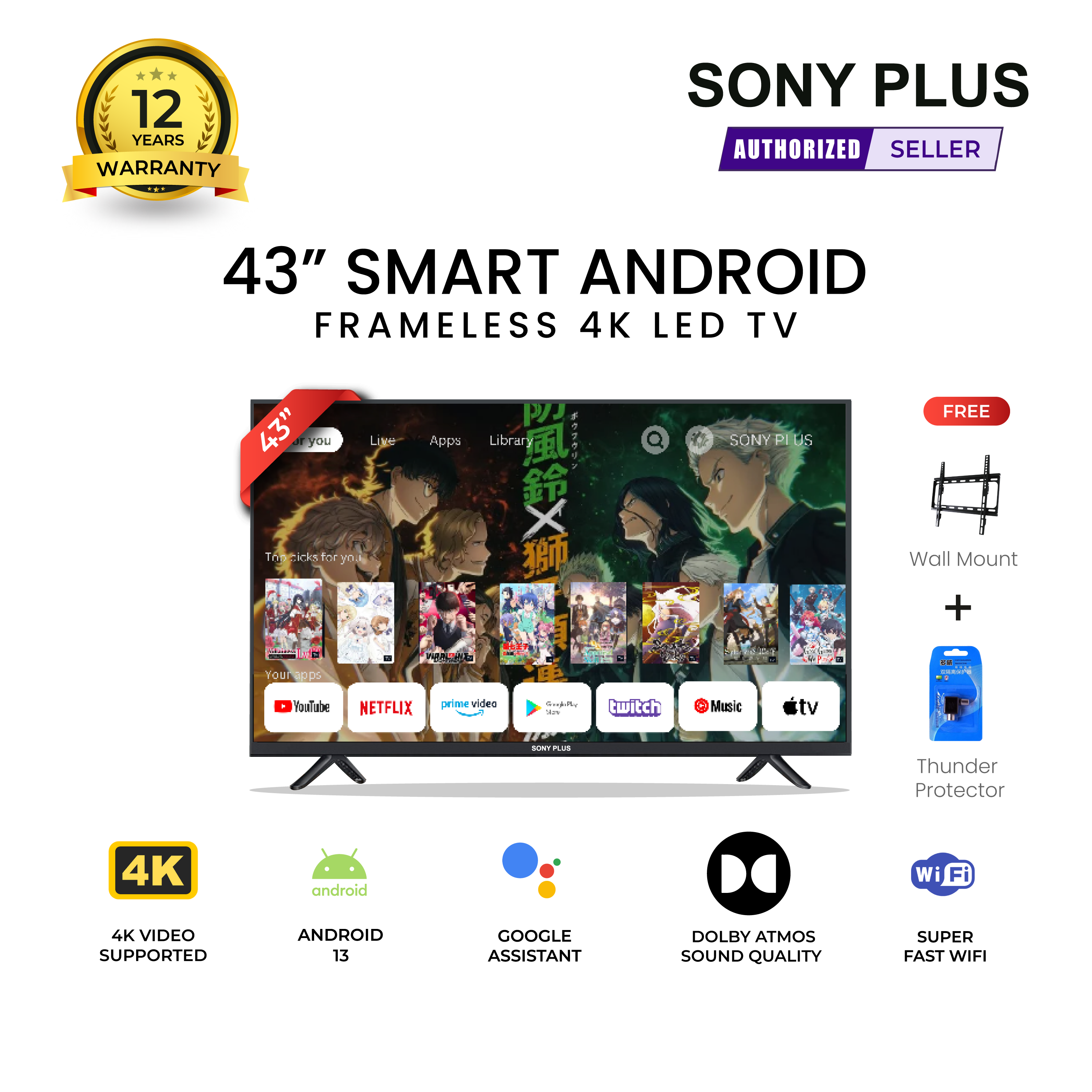 Sony Plus 43 inch Frameless Smart LED TV Wi-Fi Full HD 4K Supported Android Television
