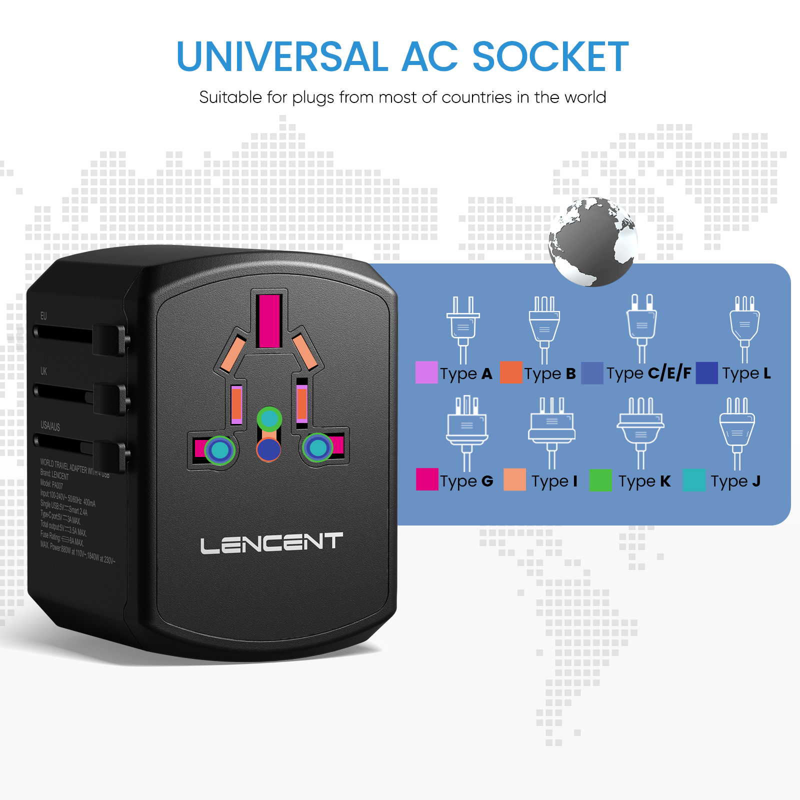 [NEW VERSION]LENCENT Universal Travel Adaptor with UK/USA/EU/AUS Worldwide Travel Charger Plug, 3 USB Ports and 1 Type C International Wall Adapter & Universal Socket for Travelling over 200 countries for iphone xiaomi Huawei and so on. 