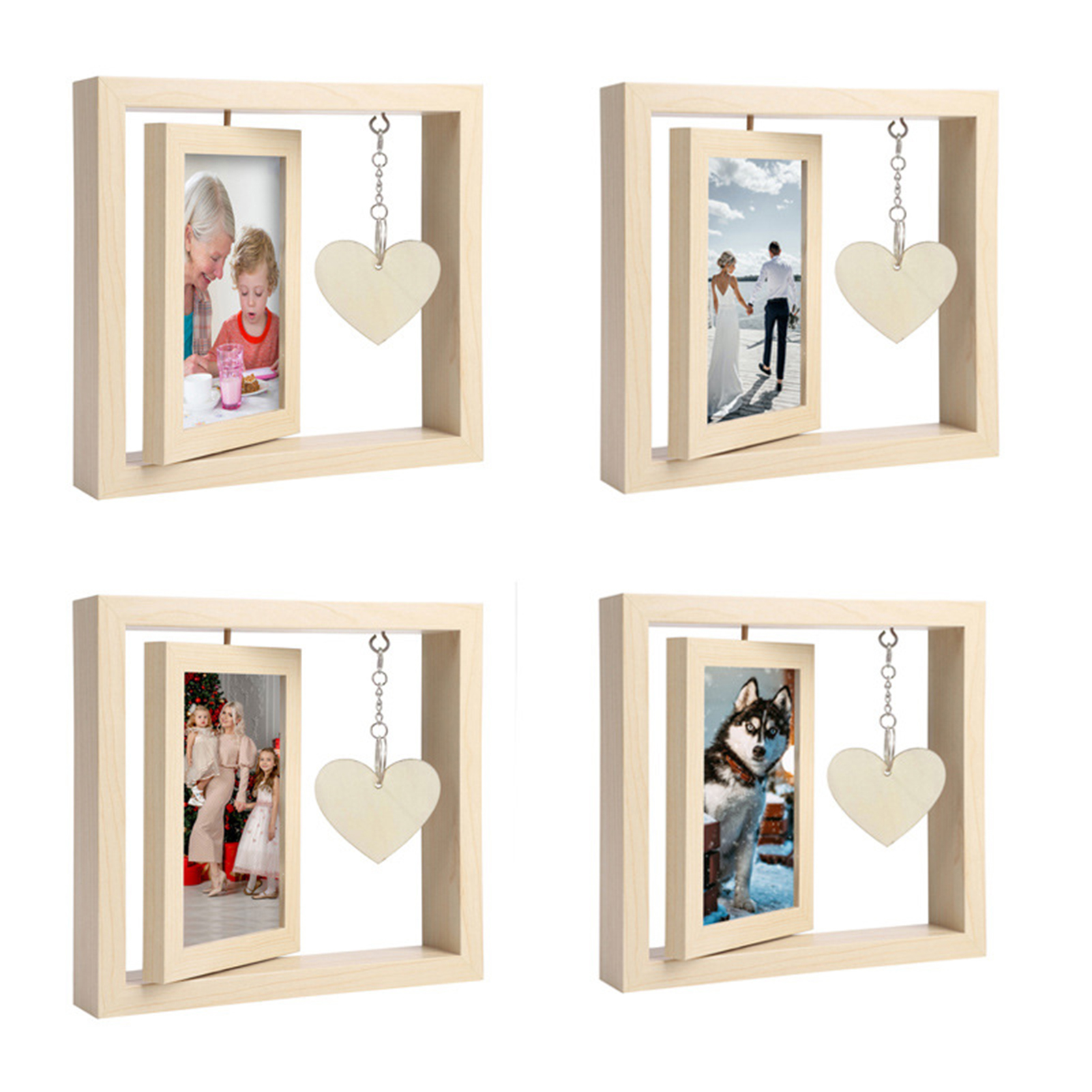 art-shaped Pendant Photo Frame Double Sided Rotating Wooden Picture Frame with Engravable art Pendant Home Decor Double-sided Photo Frame. 