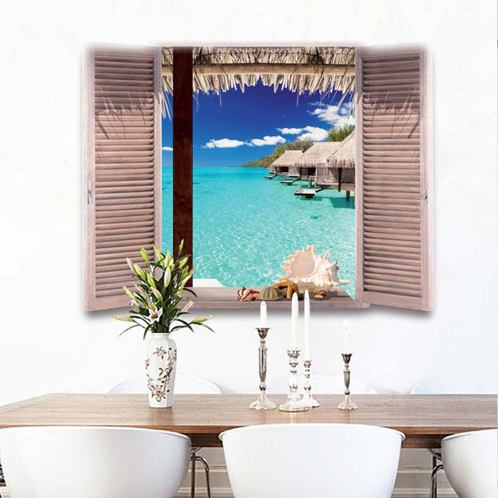 3D Window View Beach Resort Removable Wall Sticker Art Decal DIY Room Decor. 