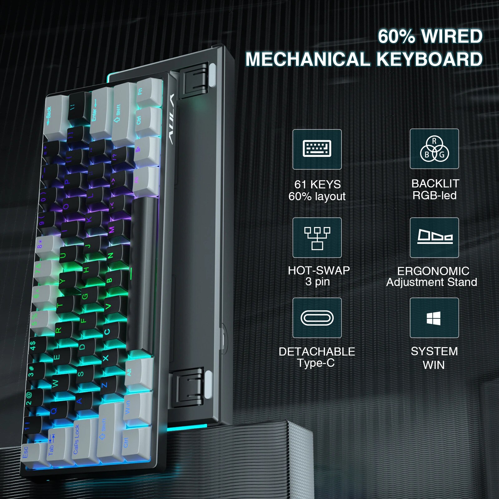 AULA F3261 Mechanical Gaming Keyboard Macro Keyboard Hotswap Gamer Keyboard for Tablet 60 Percent Layout RGB Red Switch. 
