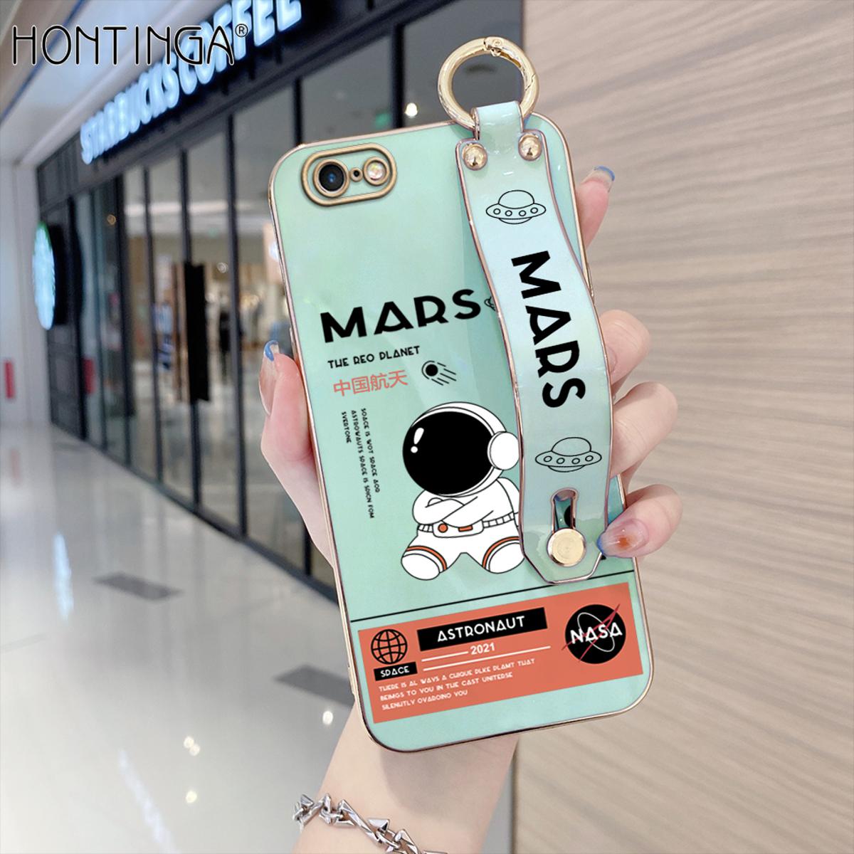 Hontinga for iPhone 6 Plus / 6S Plus Back Cover With Wristband Luxury 6D Plating Cute Space Astronaut  Case Soft Silicone Square Phone Cases