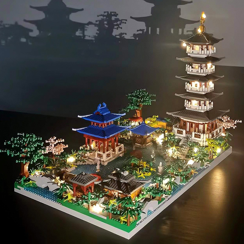Chinese Architecture Micro Building Blocks Model Tower West Lake Trees DIY Diamond Bricks with Light Toys for Kids Adults Gift. 