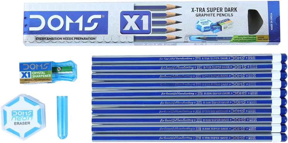 Doms X1, X-Tra Super Dark Pencils - 10pcs With Free 1 NEON HEX Eraser & 1 CRYSTEL Sharpener.. 