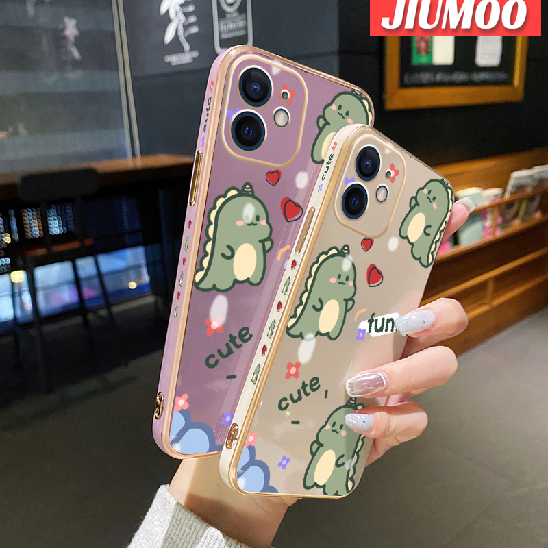 JIUMOO For Xiaomi Poco M5 Case Cartoon Cute Dinosaur New Luxury Plating Phone Cases Square Edge Pattern Shockproof Soft Case Full Cover Camera Lens Protection Shell. 