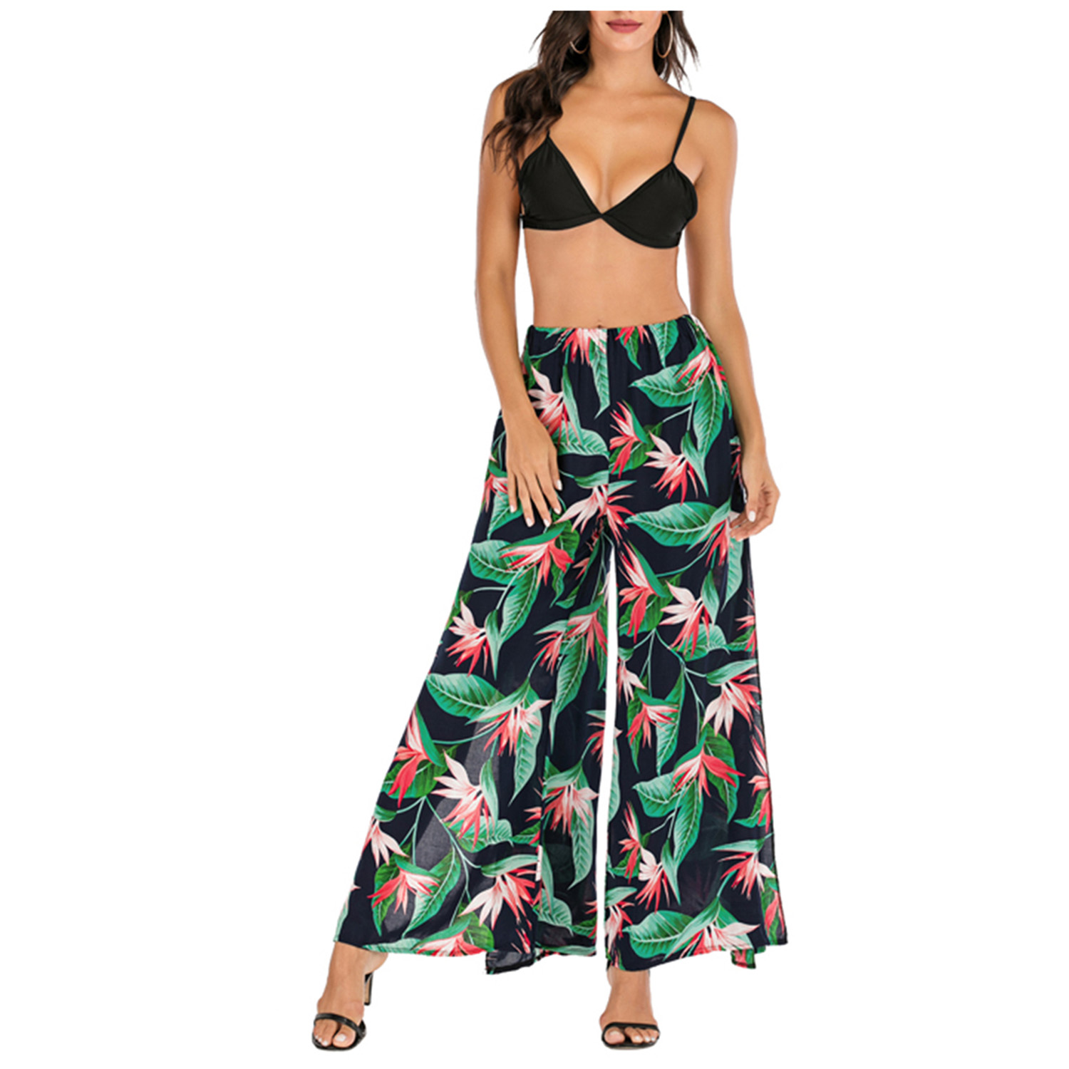 Women Tropical Print Wide Leg Pants 