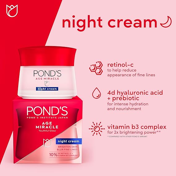 POND'S Age Miracle Night Face Cream, With Vitamin B3 and 10% Retinol C, Youthful Glow, 24 hour wrinkle correcting glow - 50g. 