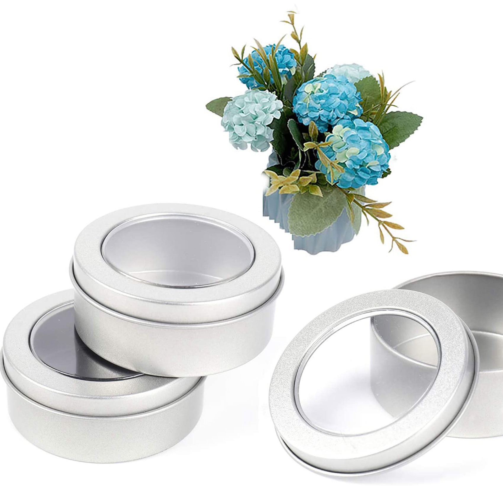 30 Pack 2 Ounce Metal Tin Cans - Round Empty Containers with Clear. 